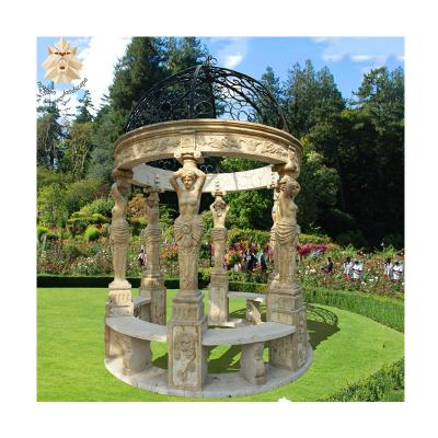 China Custom made antique yellow stone modern outdoor pavilion decoration garden gazebos with woman statues for sale for sale