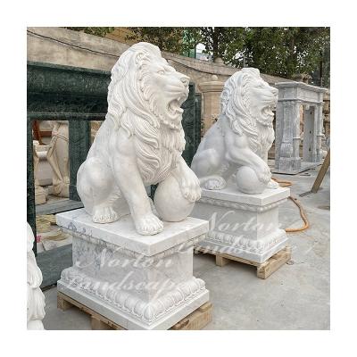 China Life Size White Marble Lion With Ball Statues Modern Garden Stone Product Sculpture For Sale for sale