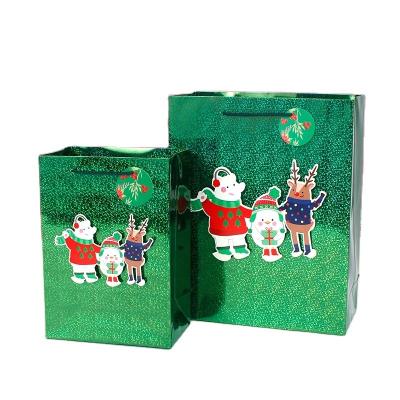 China Recyclable Recycled Materials 3D Tip On Christmas Paper Bag With Holographic Foil With Ribbon Handles For Gift Package for sale