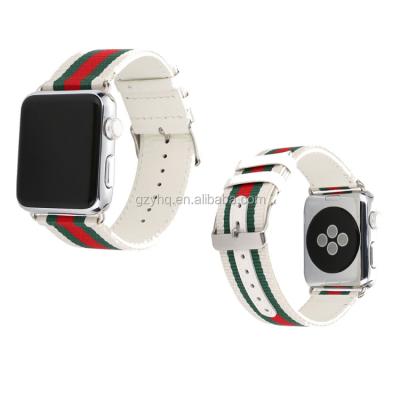 China Stripe design; Replacement Durable Genuine Leather Nylon Bands With Stainless Metal Clasp For Apple Watch Band 42mm 38mm for sale