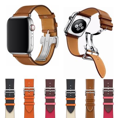 China Genuine Leather Watch Bands For Apple Watch 6 Clasps Butterfly Style Buckle Whole Folding Watch Strap for sale