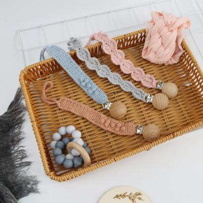 China BPA Free Macrame Pacifier Clip Hand Crocheted Baby Antique Cotton Chain Dummy Pacifier Clip Hook Holder Chain for sale