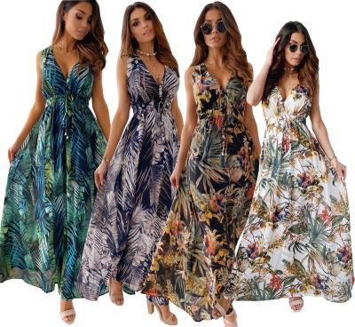 China 2022 Breathable Slim Low Moq Women Summer V-Neck Spaghetti Strap Dresses Elegant Maxi Club Dress Floral Print Long Sleeveless Dress for sale