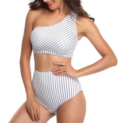 China Wholesale Women's Breathable Striped One Shoulder High Waisted One Shoulder Crop Top 2 Piece Swimsuit Sports Bra for sale