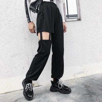 China QUICK DRY Dreamy Women's High Waist Buckle Suspender Cargo Pants Tree Hollow Out Leg Buckle Garter Tie Punk Pants for sale