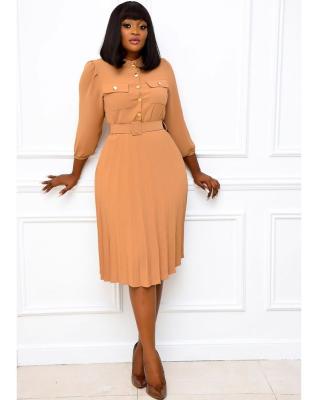 China Anti-Static African Women Casual Pleated Dress Ladies Long Sleeve Plus Size Pleated Lady High Dress Plain Elegant Color Collar Office Dress for sale