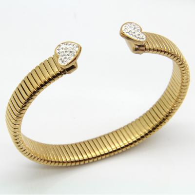 China Luxurious Vintage Design 18K Gold Plated 316L Stainless Steel Zircon Heart Cuff Bracelet Open Adjustable Bangle for sale