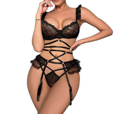 China See In Stock Floral Lace See Through Bra Panties Three Piece Set Strappy Open Neck Lingerie Sexy Unlined Ruffled Showing Girls for sale