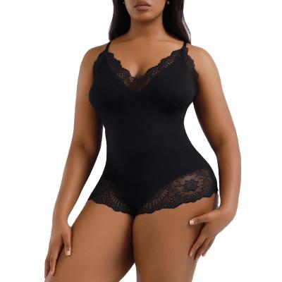 China New Customized Antibacterial Summer Plus Size Breathable Light Weight One Piece Teddy Underwear Cami Strap Sexy V-Neck Lace Shapewear Bodysuit for sale