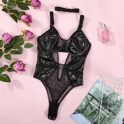 China Hot Designer PU Leather Mesh See Through Teddies Bodysuit Adjustable Straps Hollow Out Check Sexy Lingerie Costumes For Women for sale