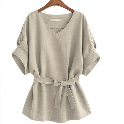 China New women's breathable V-neck exquisite workmanship canvas short-sleeved shirt for sale