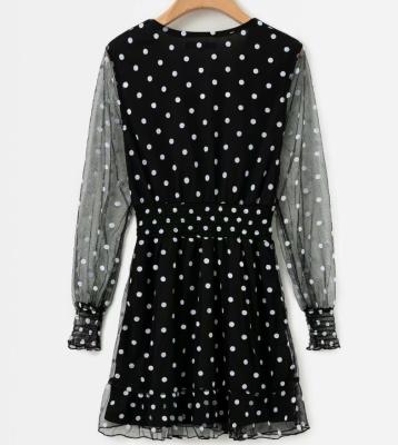 China New Summer Breathable Dress Deep V-neck Black Polka Dot Dress Long Sleeve Stringy Selvedge for sale