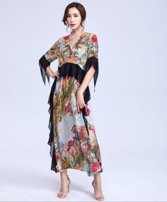 China 2019 New Breathable Print Women Dress 100% Polyester Chiffon V-Neckline Casual Long Dress for sale