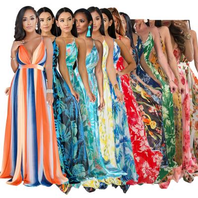 China Women Backless Long Chiffon Maxi Dress Summer Anti-wrinkle Print Beach Dress Deep V-Neckline Loose Floral Casual Boho Sleeveless Dress for sale