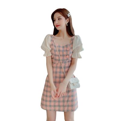 China Anti-wrinkle 2021 Women Customize New High Waist Trumpet Sleeve Korean Sequin One Line Plaid Short Sleeve Dress for sale