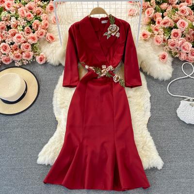 China Autumn New Design Red Fishtail Dress Women's Embroidery Embroidery Mermaid Dress Ol Dress High Quality Viable Elegant Shawl Half Sleeve Dress for sale