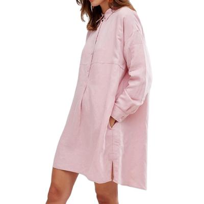 China Breathable Side Pocket Women Long Sleeve Oversized Plain Cotton Shirt Dress for sale