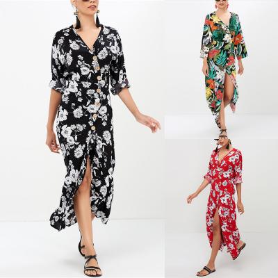 China Anti-Wrinkle Women Spring Dress Summer Dress Fashion V-Neck Floral Print Dress Long Sleeve Maxi Dress for sale