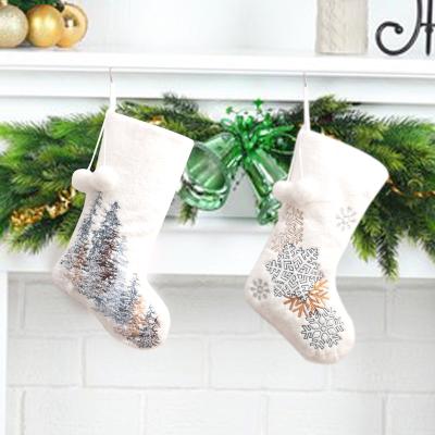 China Fabric Christmas Stocking | 2 PCS Big Ball Embroidery Snowflake Christmas Tree Wool Fireplace Hanging Decoration Home Party for sale