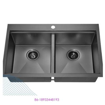 China Faucetless Mount Double Bowl Handmade 16 Gauge Above Counter 304 Stainless Steel Kitchen Sink With Ledge Drainer for sale