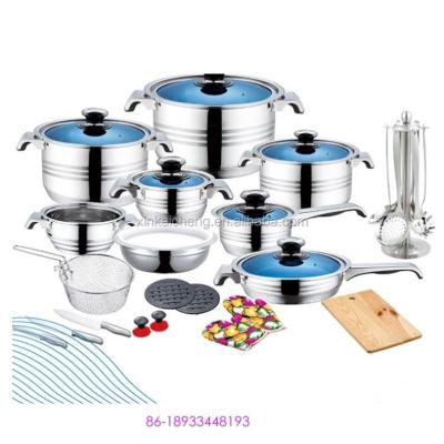 China Hot Selling German Design 34 Pcs Induction Cookware Sets Viable With Thermometer Blue Glass Lid for sale