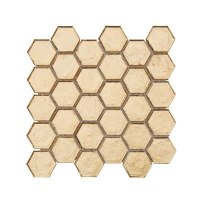 China Traditional Kitchen Backsplash Wall Decoration Aluminum Backed Hexagon Gold Color Glass Mosaic Tile for sale