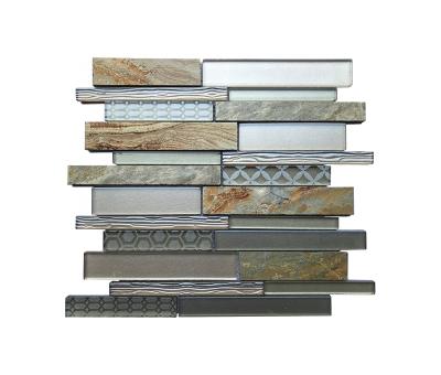 China Parquet House Interior Decoration Irregular Strip Glass And Stone Mix Mosaic Backsplash Slab for sale