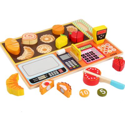 China Preschool Children Play Set Pretend Play Food Simulation Kitchen Toys Wooden Wooden Cash Register Cut-Off Toy for sale