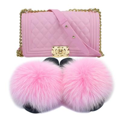 China Fashion Purse and Slides Set Summer Outdoor Shopping Cross - Body Purse Companion PVC Jelly Purse and Fox Fur Slippers Set and Handbags Designer for sale