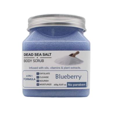 China Exfoliator Factory Direct Sales 450g Moisturizing Skin Dead Sea Blueberry Salt Calming Body Scrub for sale