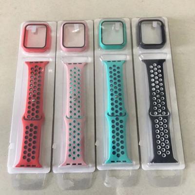 China 2 In 1 Wristwatch Color Screen Protector Double Packing Points Sport Silicone Rubber Watch Band 38 40 42 44 mm For Man Woman iWatch for sale