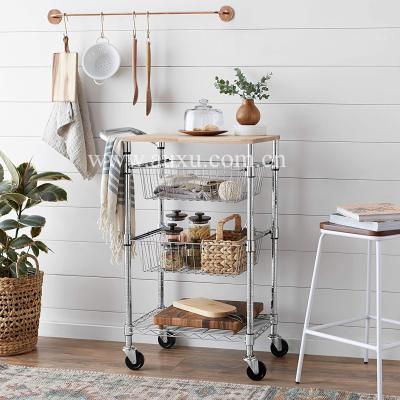 China Solid Wood 3 Tier Metal Basket Rolling Cart With Wooden Top Kitchen Cart With Slide Basket for sale