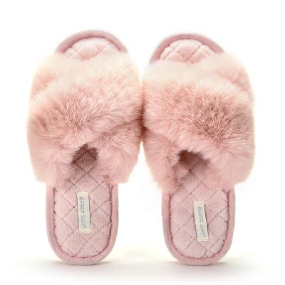 China Winter Flats Plush Slippers Cross Belt Cotton Floor Slippers Artificial Fur Slippers Shoes Warm Non-slip Indoor Home Family Anti-skid Slippers for sale