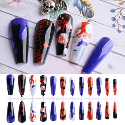 China Hot Sale Design Nail Tips 24-Piece Halloween Painted Removable Gel Press On Fake Coffin Nails for sale