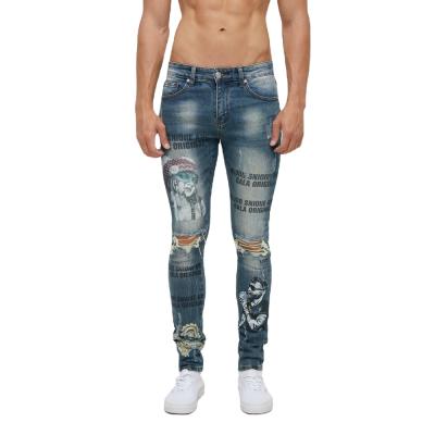 China Anyu Breathable Clothing Customized Label Ripped Flame Digital Graffiti Print Jeans Causal Street Skinny Jeans Men for sale