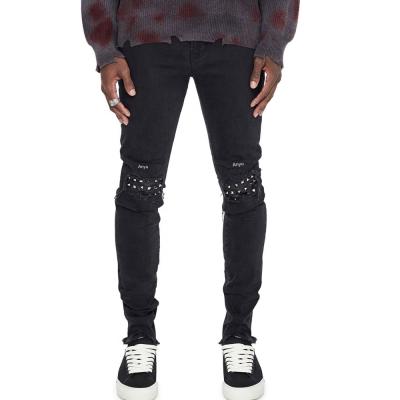 China New Fashion Black Mens Jeans Logo Embroidery Knee Patch Breathable Design Customized OEM/ODM Ripped Jeans For Men for sale