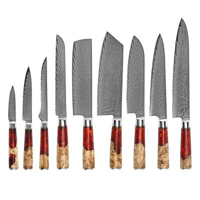 China Viable New Design Red Resin Handle 9 Pieces Damascus Chef Kitchen Blade Set Japanese Steel Knives for sale