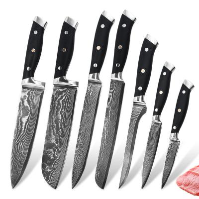 China Viable Factory Unique 7pcs Damascus Pattern Meat Cleaver Fruit Vegetable Chef Kitchen Knife High Quality Steel Set for sale