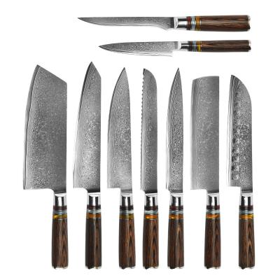 China Wholesale Viable vg10 Professional Kitchen Knives Pakka Wood Handle 67 Layers Damascus Stainless Steel Chef Knife Set for sale