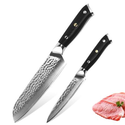 China Durable High Quality Forged Steel Blade Chef's Damascus Pattern Hammer Knife + Utility Knife 2 Piece Set for sale