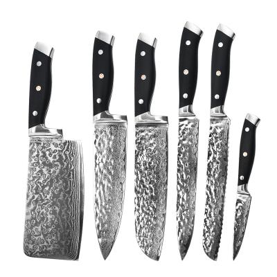 China Viable Factory 6 Pcs G10 Handle Hammer Forged Pattern Knives Damascus Santoku Chef Knife Kitchen Set for sale