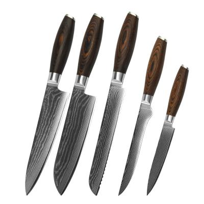 China Sustainable Size Quality 5pcs Damascus Steel Kitchen Knife Set Chef's Knife With Wood Handle for sale