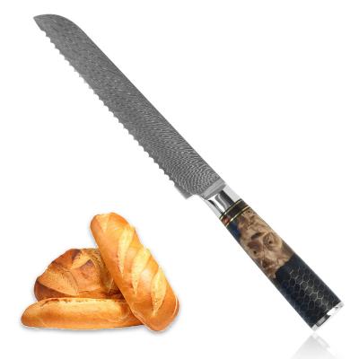 China Premium Stocked Damascus Blade Kitchen Steel Bread Knife With Honeycomb Resin Handle for sale