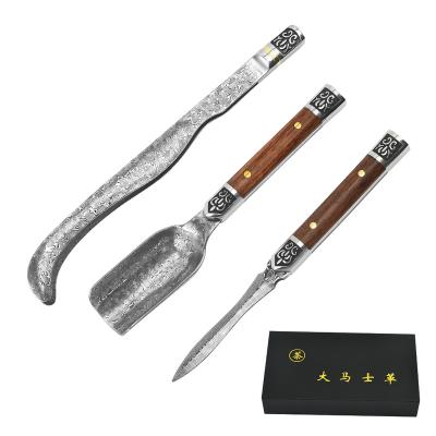 China Gift Viable Luxury Tea Damascus Straight Knife 3pcs Set Tea Spoon Long Handle Clip Sword Stainless Steel for sale