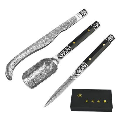 China Cheap Sustainable Gift Luxury Tea Stainless Steel Ebony Handle 3PCS Damascus Straight Knife Set for sale