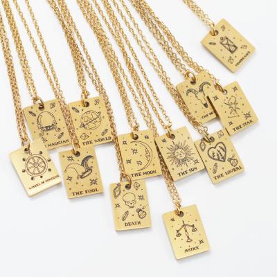 China Hiphop Stainless Steel Gold Square Zodiac Sign Horoscope Tarot Cards Pack Necklace for sale