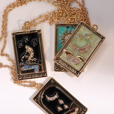 China Hiphop Fashion Vintage Enamel Zircon Moon Copper Tarot Card Tasty Pendant Necklace for sale