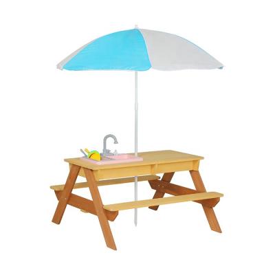 China Modern Outdoor Wooden Picnic Bench Kids Activity Table Set With Sand Table And Umbrella for sale