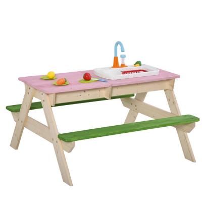 China Modern New Products Small Outdoor Wooden Picnic Table For Kids With Bar Benches Sandbox Games And Sink for sale