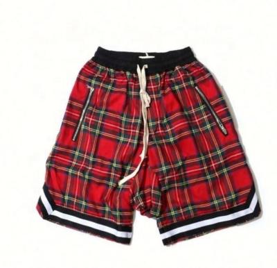 China QUICK DRY Mens Scottish Plaid Shorts Justin Bieber Streetwear Mesh Tartan Oversized Drop Crotch Shorts Side Zipper Stretch Waist Knee Length for sale